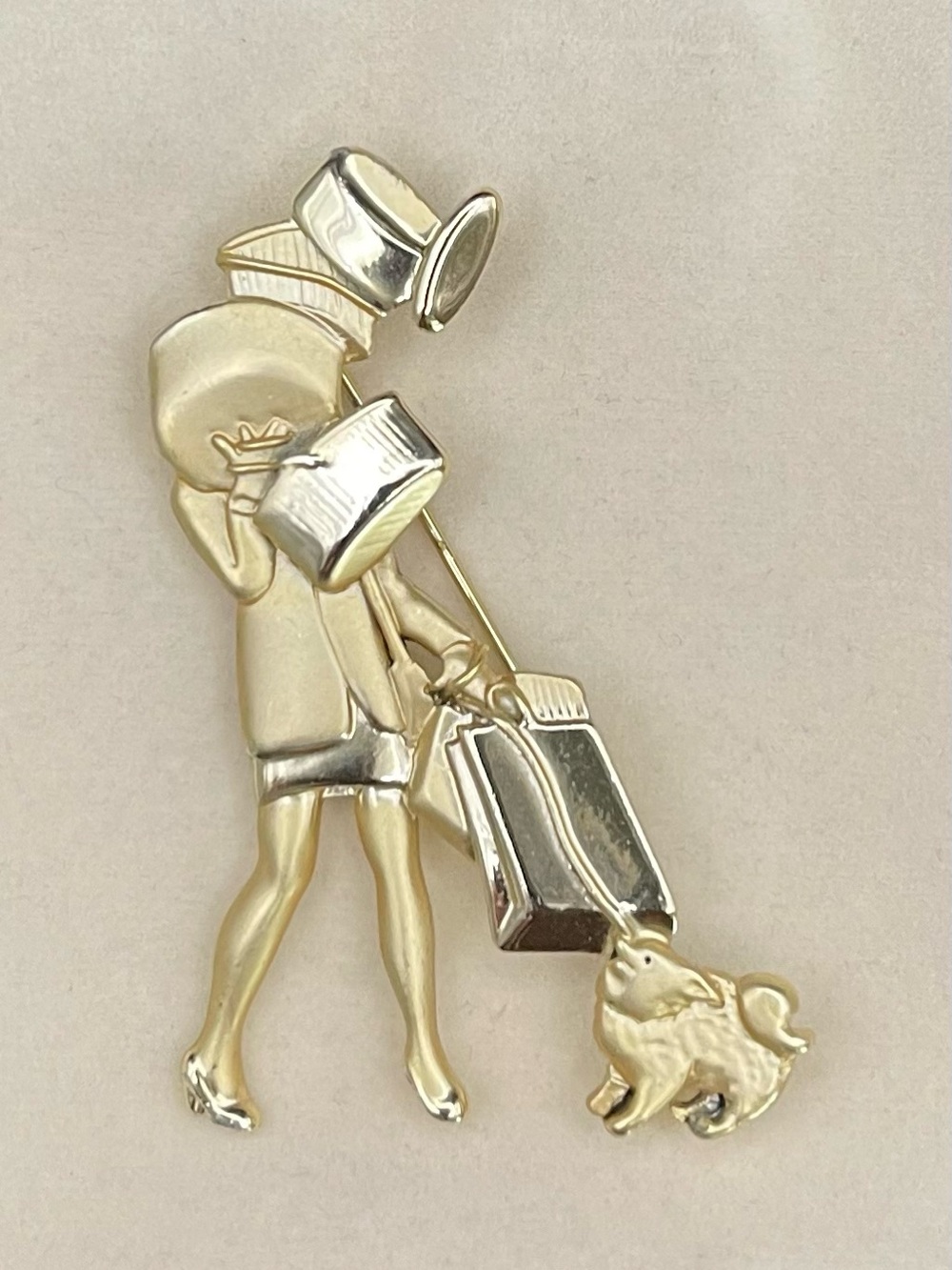 Vintage AJC Signed Gold Tone Shopaholic Lady & Dog Brooch Pin